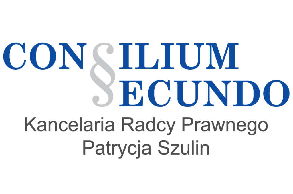 Logo Consilium Secundo Kancelaria Radcy Prawnego Patrycja Szulin Paczków – niebieski napis z paragrafem w kształcie litery S.